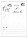 Tracing alphabet letter Z. Black and white educational pages on line for kids. Printable worksheet for children textbook.