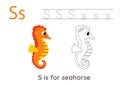 Tracing alphabet letters with cute animals. Color cute seahorse. Trace letter s.