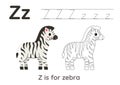 Tracing alphabet letters with cute animals. Color cute zebra. Trace letter Z. Royalty Free Stock Photo