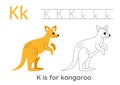 Tracing alphabet letters with cute animals. Color cute kangaroo. Trace letter K.