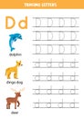 Tracing alphabet letters for kids. Animal alphabet. Letter d is for dolphin dingo dog and deer.