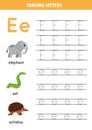 Tracing alphabet letters for kids. Animal alphabet. Letter e is for elephant eel and echidna. Royalty Free Stock Photo