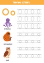 Tracing alphabet letters for kids. Animal alphabet. Letter O is for octopus orangutan owl. Royalty Free Stock Photo