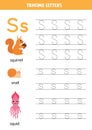 Tracing alphabet letters for kids. Animal alphabet. Letter s is for squirrel snail squid. Royalty Free Stock Photo