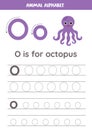 Tracing alphabet letters for kids. Animal alphabet. O is for octopus. Royalty Free Stock Photo