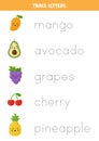 Tracing letters with cute fruits. Writing practice