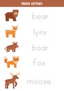 Tracing letters with cute woodland animals. Writing practice Royalty Free Stock Photo