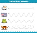 Tracing Lines cow hippopotamus frog tiger. Educational games. Worksheet activity for preschool kids. Vector illustration