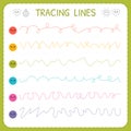 Tracing lines. Basic writing. Worksheet for kids. Working pages for children. Trace the pattern. Preschool or kindergarten workshe