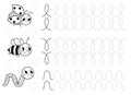Tracing lines and handwriting practice sheet for preschool children with cute insects for coloring. Writing training printable