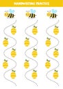 Tracing lines for kids. Cartoon cute bees and beehives