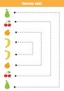 Tracing lines for kids. Cute cartoon fruits. Writing practice.