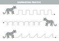 Tracing lines for kids. Cute cartoon snow leopard. Handwriting practice.