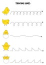 Tracing lines with cute Easter chicks. Writing practice. Royalty Free Stock Photo