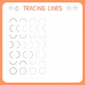 Tracing lines. Worksheet for kids. Basic writing. Working pages for children. Preschool or kindergarten worksheets. Trace the patt