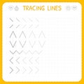 Tracing lines. Worksheet for kids. Working pages for children. Preschool or kindergarten worksheets. Basic writing. Trace the patt