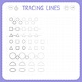 Tracing lines. Worksheet for kids. Working pages for children. Trace the pattern. Basic writing. Preschool or kindergarten workshe