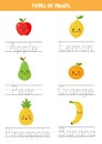 Tracing names of cartoon fruits. Writing practice.