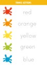 Tracing names of colors with paint blobs. Writing practice.