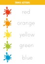 Tracing names of colors with paint blobs. Writing practice.
