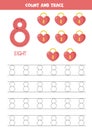 Tracing number eight. Preschool worksheet with heart locks.