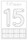 Tracing number fifteen. Preschool worksheet. Black and white.