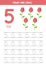 Tracing number five. Preschool worksheet with roses.