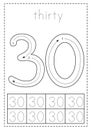 Tracing number thirty. Preschool worksheet. Black and white.