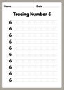 Tracing number 6 worksheet for kindergarten and preschool kids for educational handwriting practice in a printable