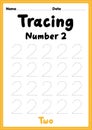 Tracing number 2 worksheet for kindergarten, preschool and Montessori kids for learning numbers and handwriting practice