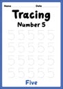 Tracing number 5 worksheet for kindergarten, preschool and Montessori kids for learning numbers and handwriting practice