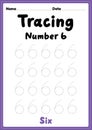 Tracing number 6 worksheet for kindergarten, preschool and Montessori kids for learning numbers and handwriting practice