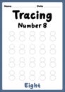 Tracing number 8 worksheet for kindergarten, preschool and Montessori kids for learning numbers and handwriting practice