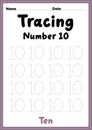 Tracing number 10 worksheet for kindergarten, preschool and Montessori kids for learning numbers and handwriting practice