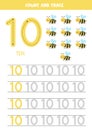Tracing numbers worksheet with cute bee. Trace number 10 Royalty Free Stock Photo