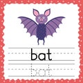 Tracing words flashcard - Bat. Writing practice for kids. Flash card with simple three letter word