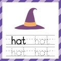 Tracing worksheet with the word - Hat. Phonic learning material or flashcard for kids