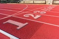 Track and field race course lane numbers 1 thru 9. Empty seats behind fence