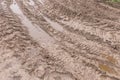 Track pattern trail from vehicle on dirty sandy road soil from wheel texture background Royalty Free Stock Photo