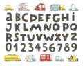 Track road alphabet, numbers. Baby city cars set. Comic funny transport. Vector cartoon illustrations in hand-drawn Scandinavian Royalty Free Stock Photo