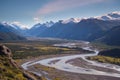 Track to the mount Fitz Roy. View of Las Vueltas River, El Chalten. Valley and Mountains. Santa Cruz province. Andes. Los