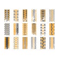 Track tread black and yellow RGB color icons set. Detailed automobile, motorcycle tyre marks. Car summer and winter