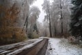 track wet trees covered snow landscape nature siberian october snow first russia suburb forest snowy road the