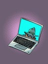 Track your activities online. Fraudsters and thieves are waiting for your mistake. Suspicious man peeking out of laptop Royalty Free Stock Photo