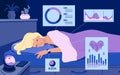 Tracking biorhythms with smart watch, woman using device for sleep quality analysis