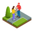 Tracking delivery by parcel, delivery service concept. Woman accepting a delivery of boxes from deliveryman. Isometric