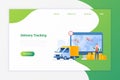 Tracking delivery service Flat vector illustration. Delivery Van Car with Packages and worker near Monitor with Map