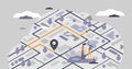 Tracking GPS location in map with navigation position tiny persons concept