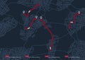 Tracking location and planned route on the map. Intended goals, destinations, roads throughout map. Navigation for