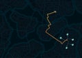 Tracking location and planned route on the map. Intended goals, destinations, roads throughout map. Navigation for
